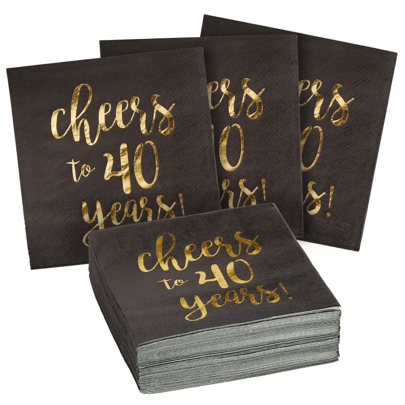 BLUE PANDA 40th Birthday Napkins - 5 x 5 In, 50-Pack, 3-Ply, Black & Gold Foil - Cheers to 40 Years & Cocktail Napkins for Birthday Party Decor - Image 1